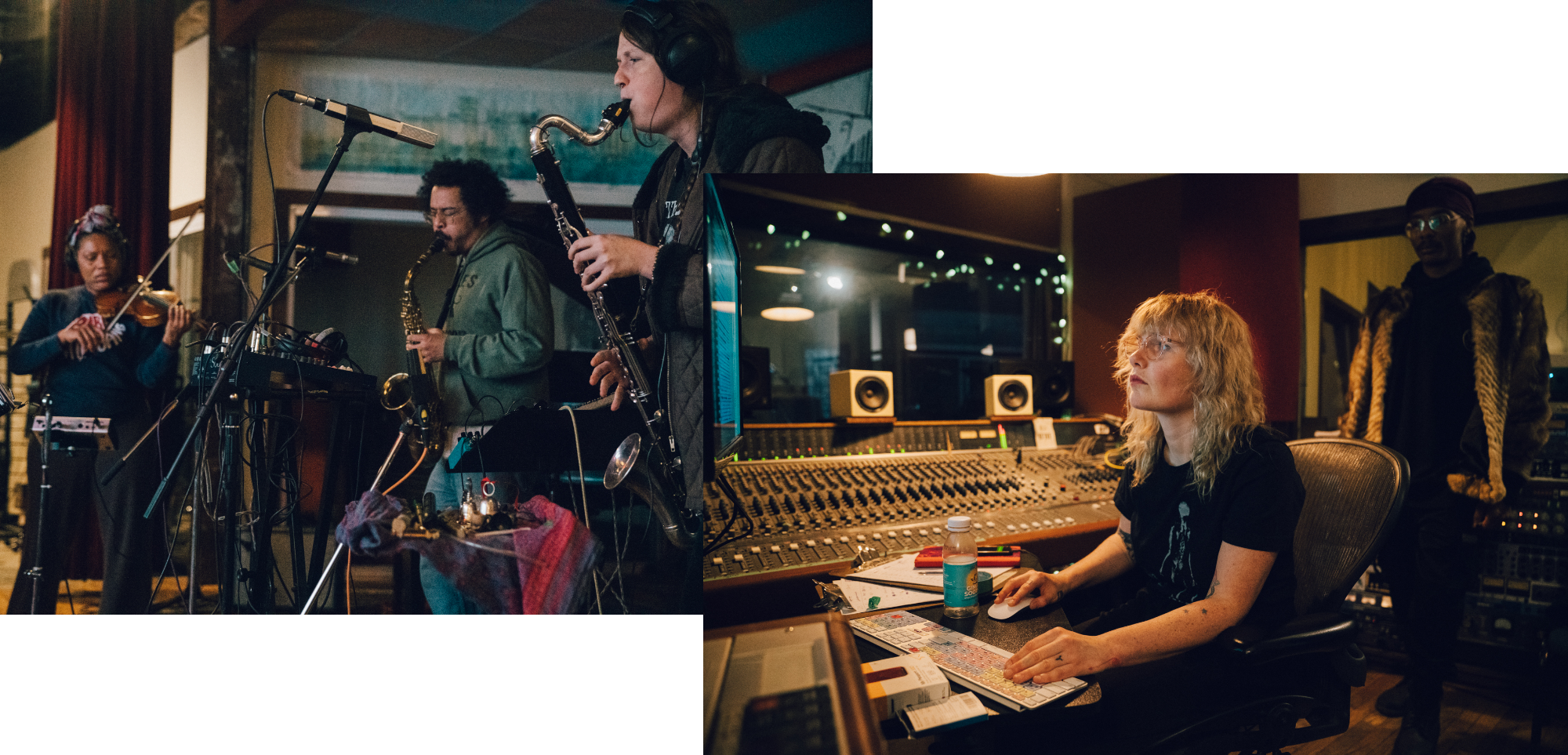 Two photographs of saxophone players and a studio engineer at work in the studio while recording the album 'Black Noise'